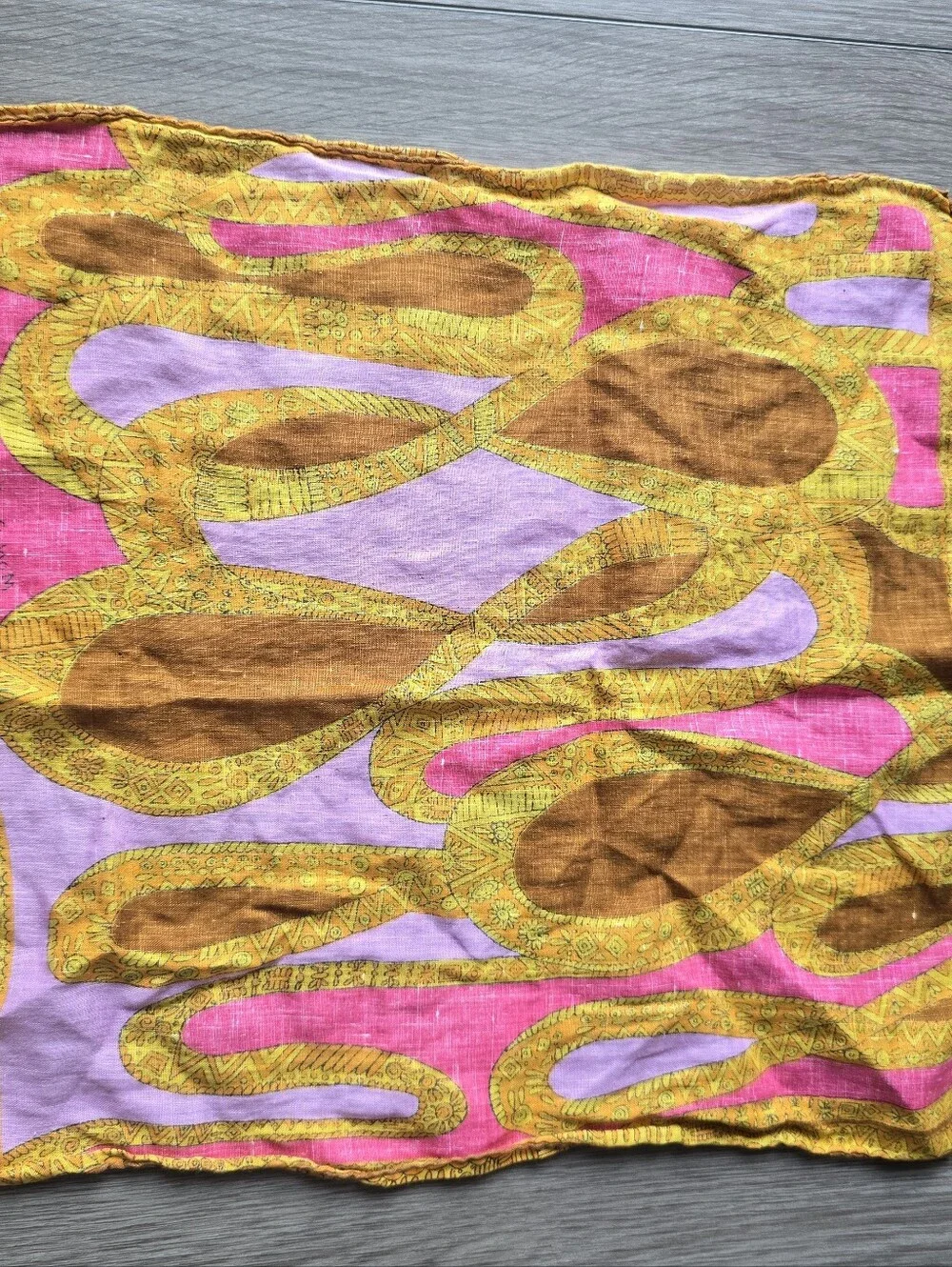 Vintage Square Scarf 60s Mod Psychedelic Pink Purple Gold Abstract Neckerchief